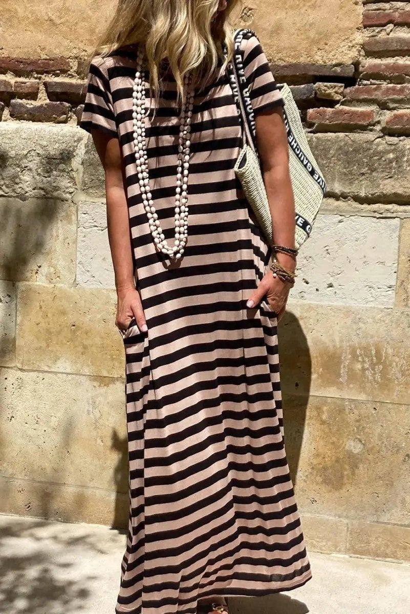 Black Stripe Casual Round Neck T-shirt Maxi Dress with Pockets - Love Salve